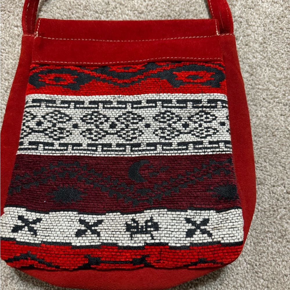Vintage Boho Hippie Ethnic Crossbody Bag . Red Suede Leather Woven tapestry Nati